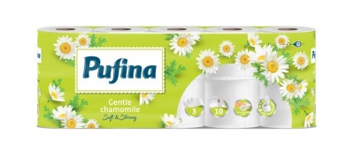 Toaletný papier, 3-vrstvový, malý kotúč, 10 kotúčov, PUFINA "Chamomile", s vôňou harmančeka