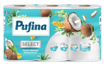 Toaletný papier, 4 vrstvový, malé rolky, 6 roliek, PUFINA "Relaxing Coconut", s kokosovou vôňou